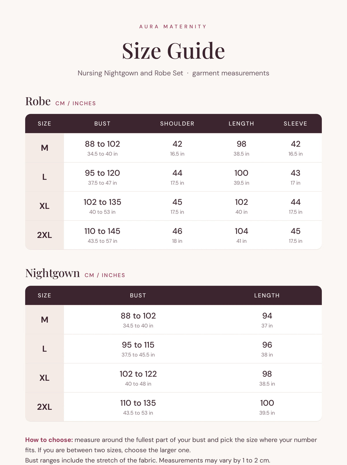 Size guide for the nursing nightgown and robe set in cm and inches