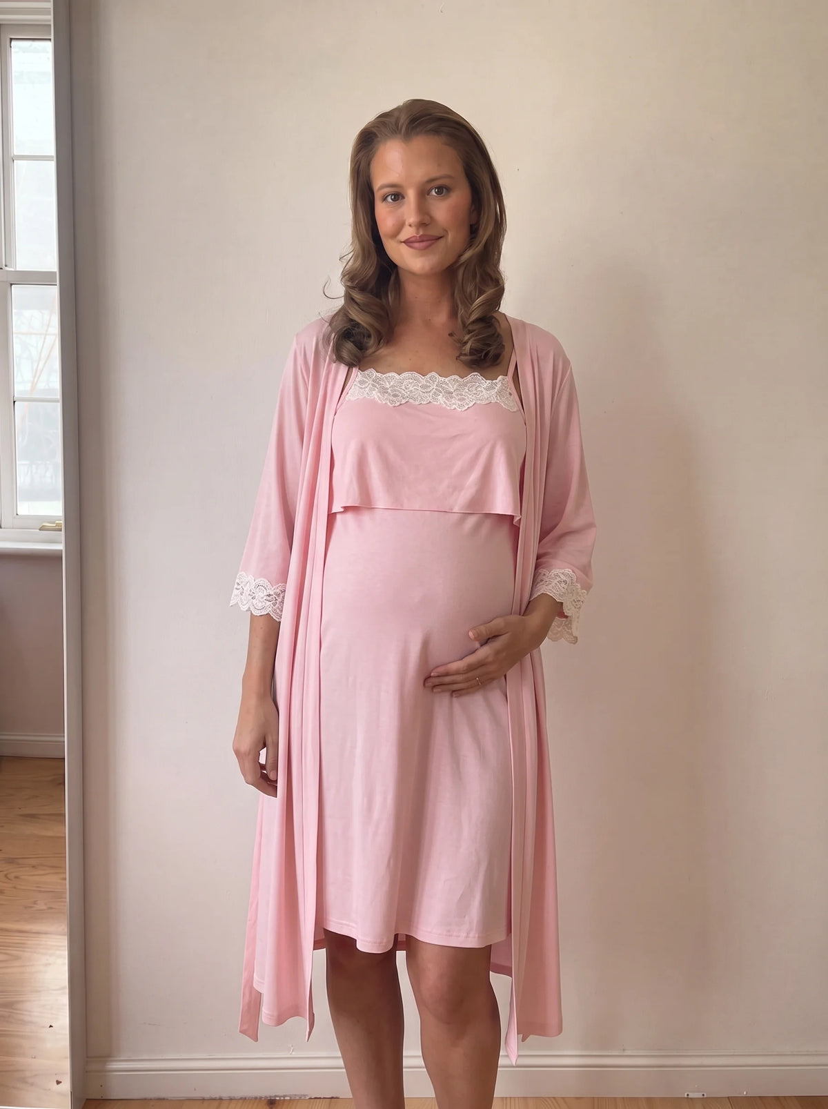 Pink nursing nightgown and robe set with ivory lace
