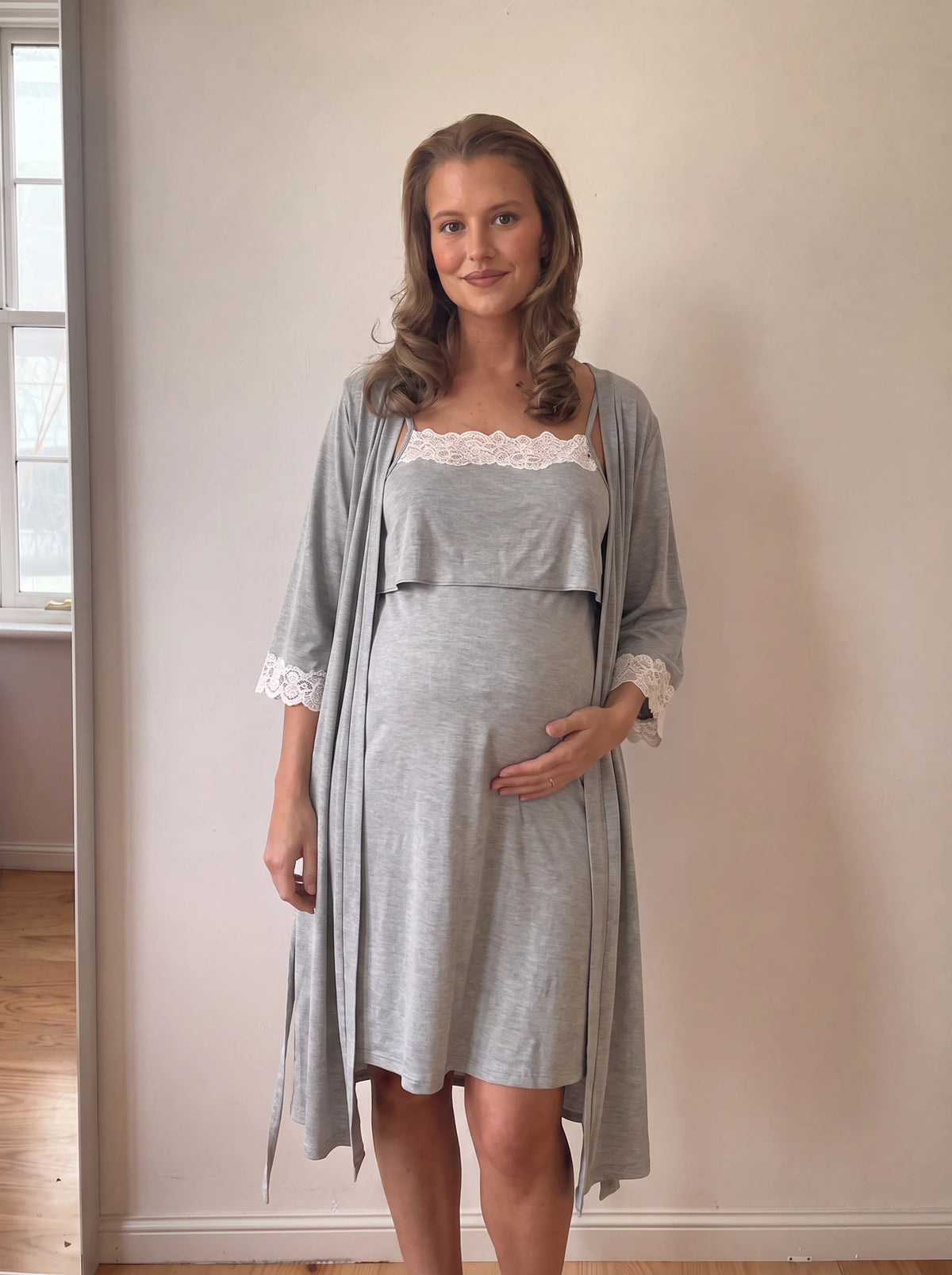 Gray nursing nightgown and robe set with white lace