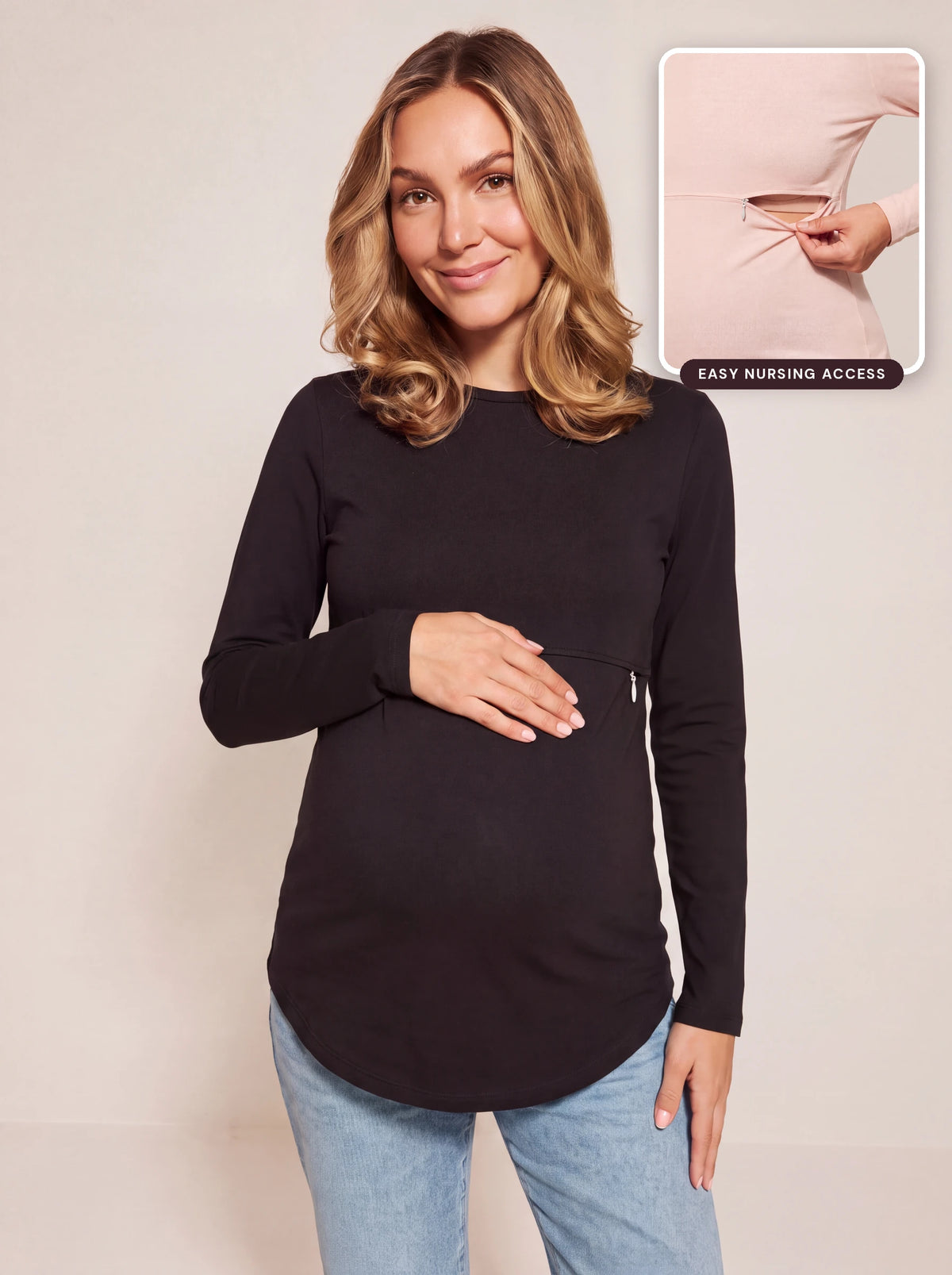 Black classic long sleeve maternity and nursing tee, front view with easy nursing access inset