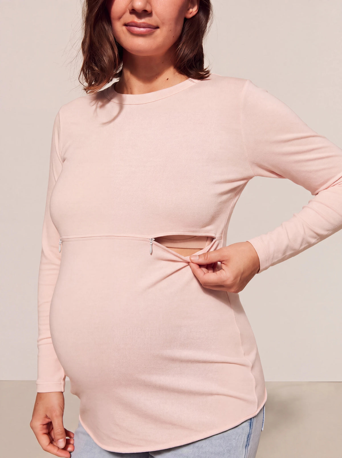 Open the hidden zipper under the bust for easy breastfeeding