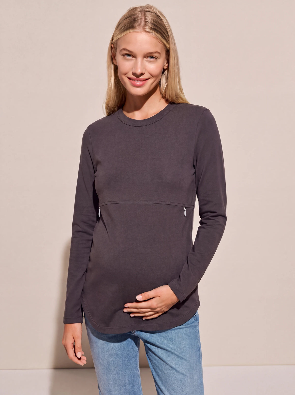 Dark gray classic long sleeve maternity and nursing tee