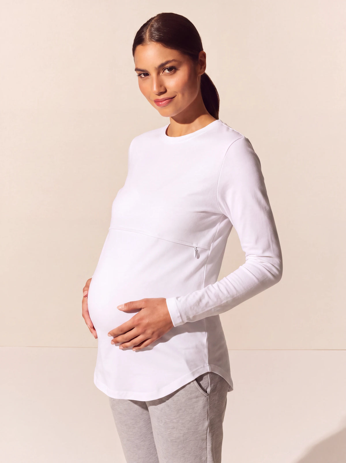 White nursing tee, three quarter view over the bump