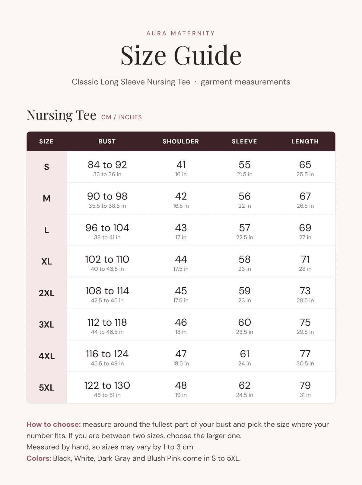 Classic long sleeve nursing tee size chart S to 5XL