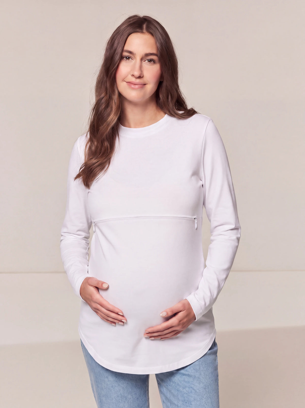 White classic long sleeve maternity and nursing tee
