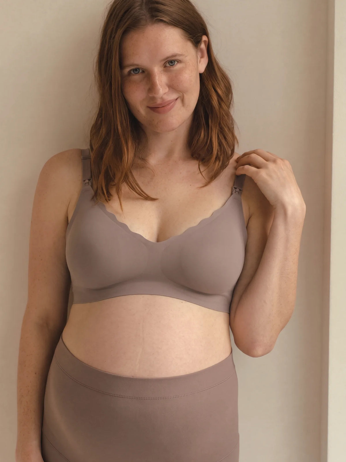 Aura Comfort Bra in Grey Purple on a pregnant mom