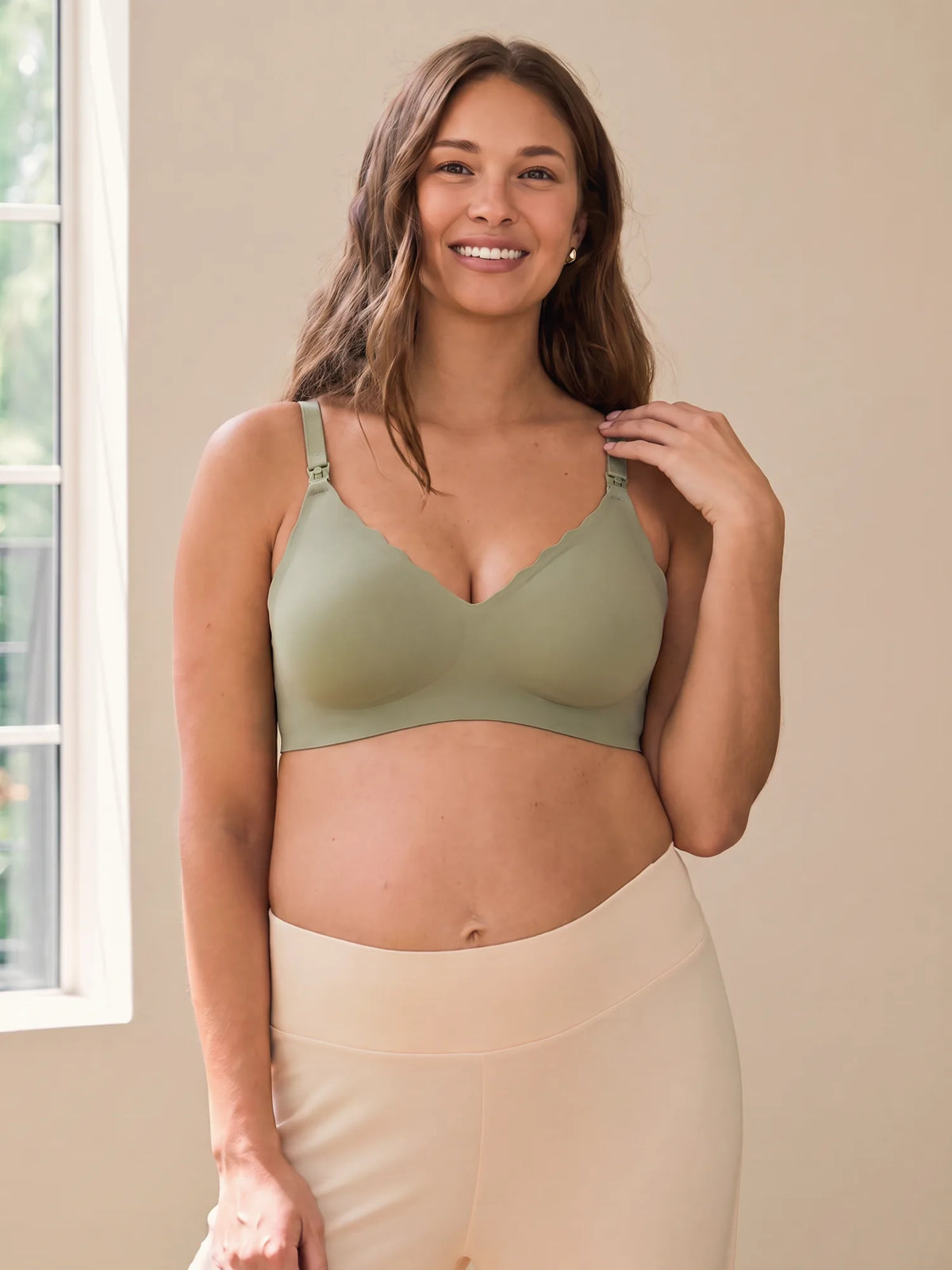 Aura Comfort Bra in Light Green on a pregnant mom