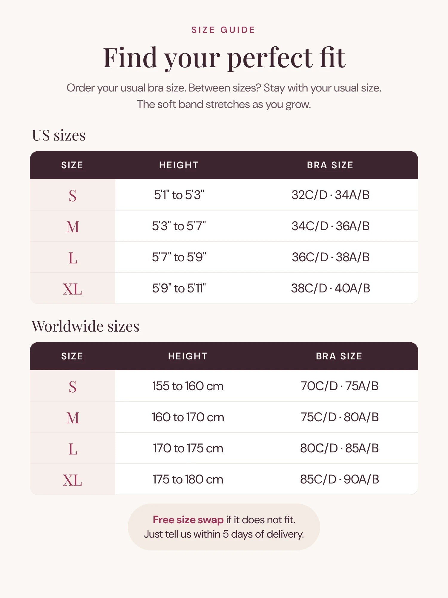 Aura Comfort Bra size guide with US and worldwide sizes