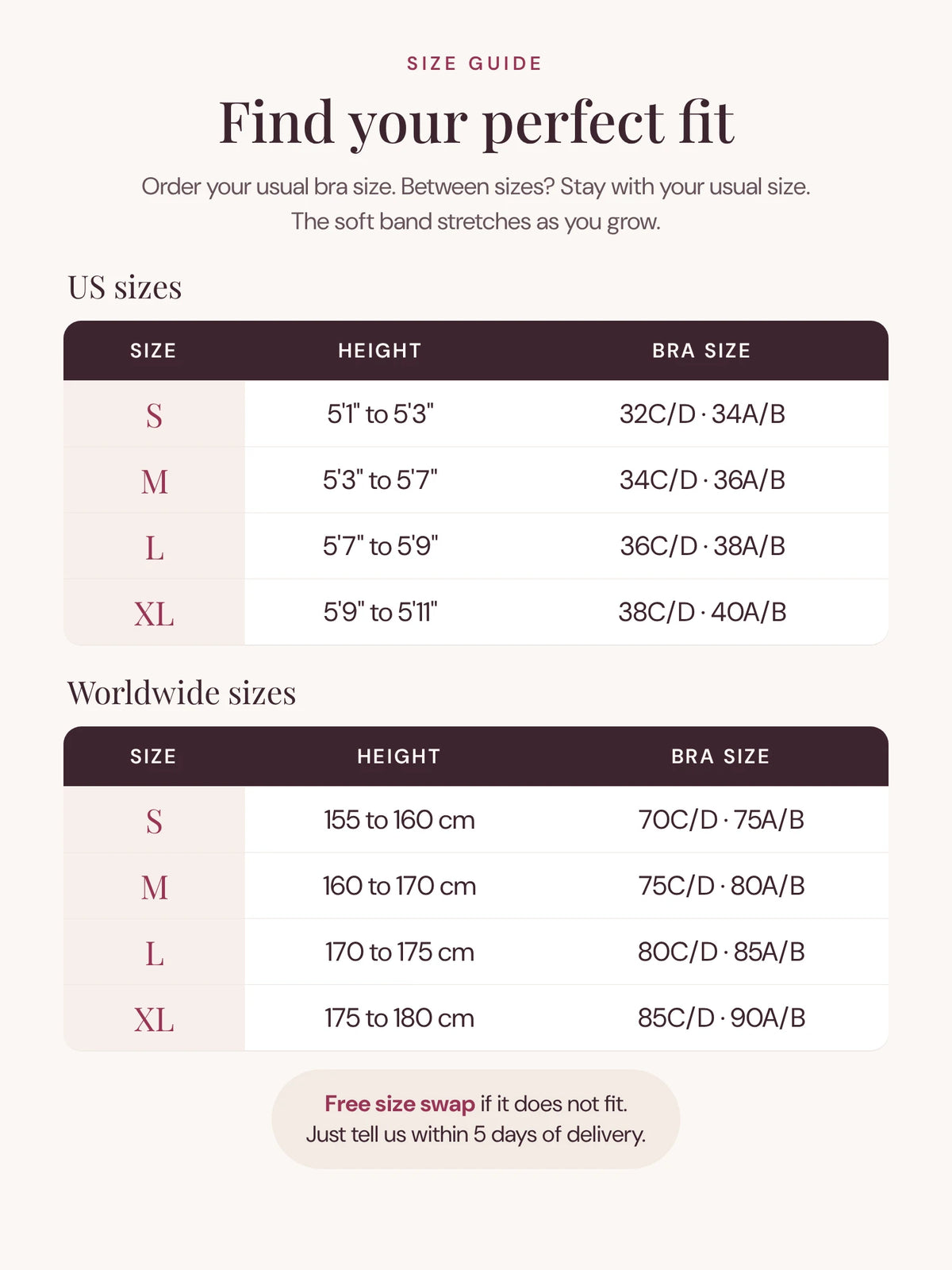 Aura Comfort Bra size guide with US and worldwide sizes