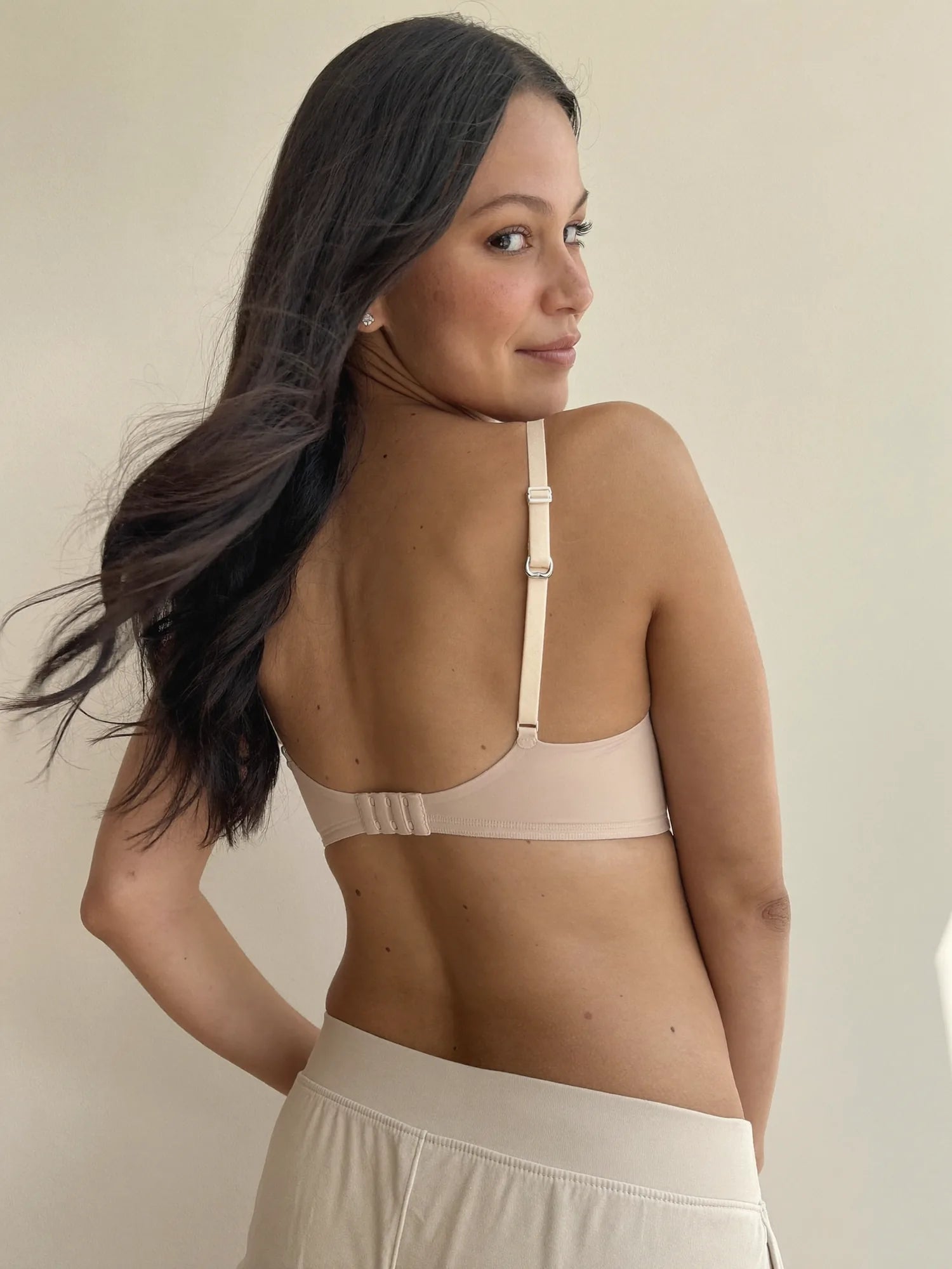 Aura Comfort Bra in Skin, back view with hook closure and adjustable straps