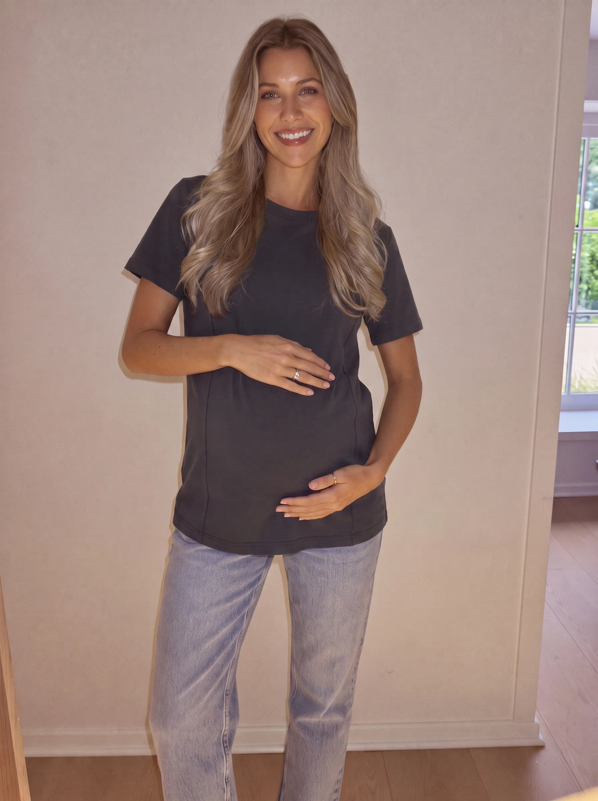 Dark gray hidden zip maternity and nursing tee