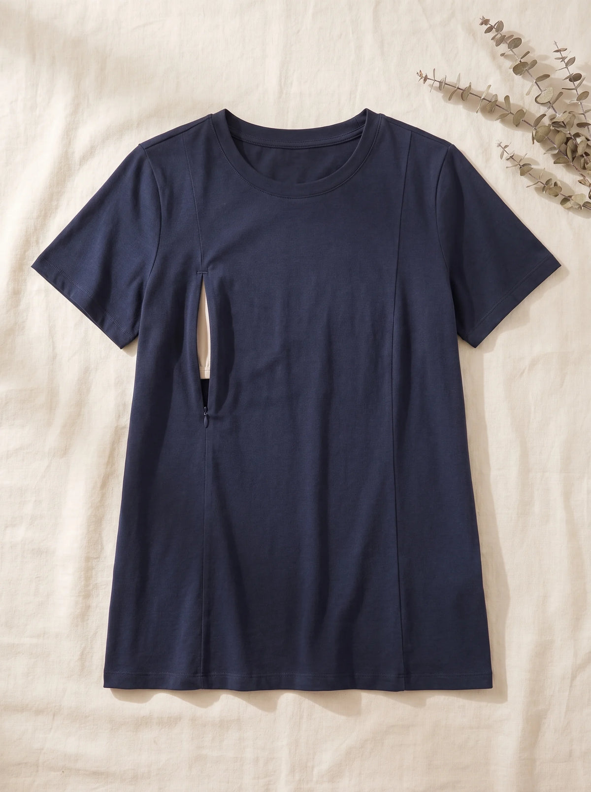 Navy nursing tee flat lay showing the two hidden zippers