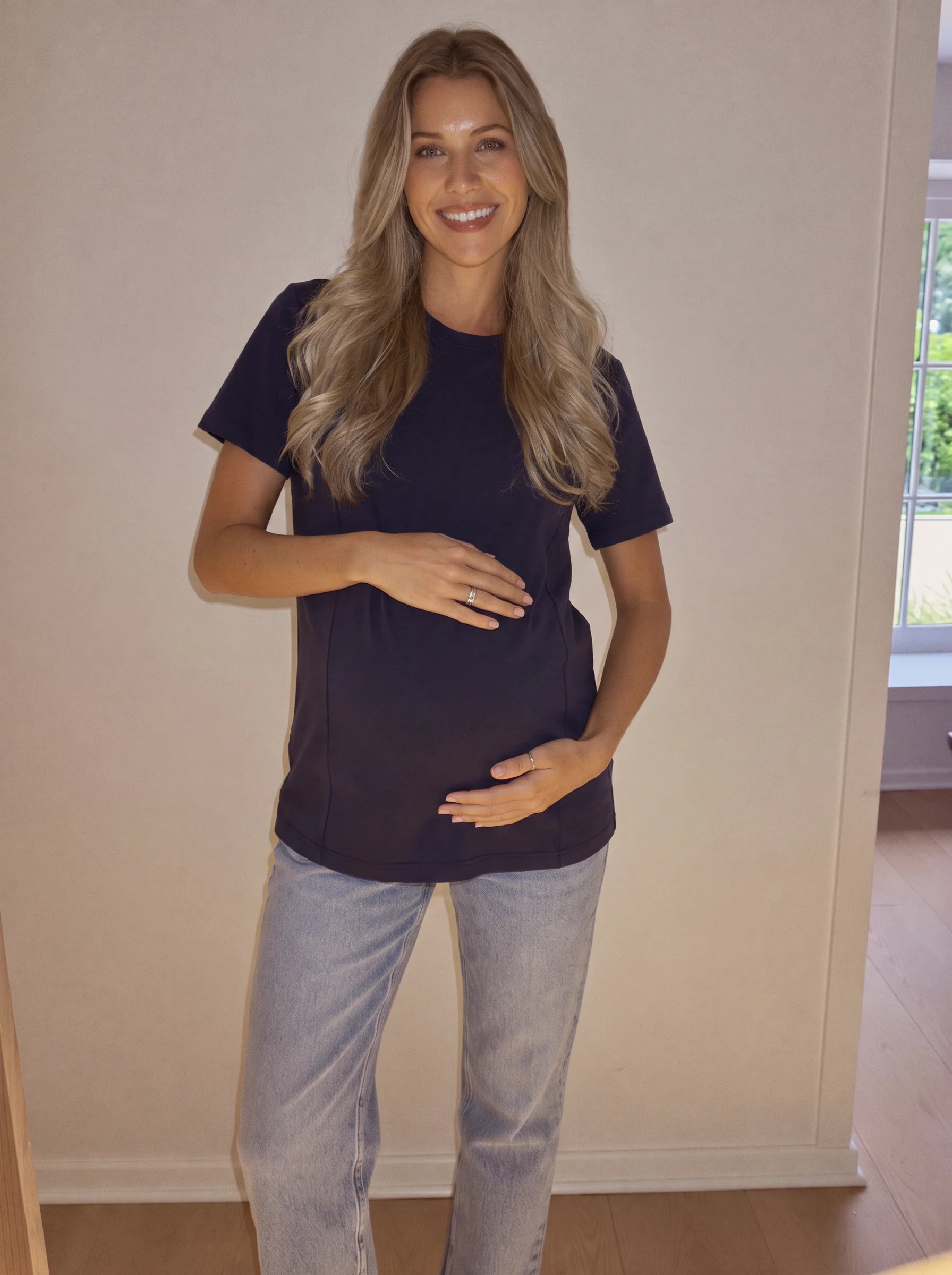 Navy hidden zip maternity and nursing tee, front view