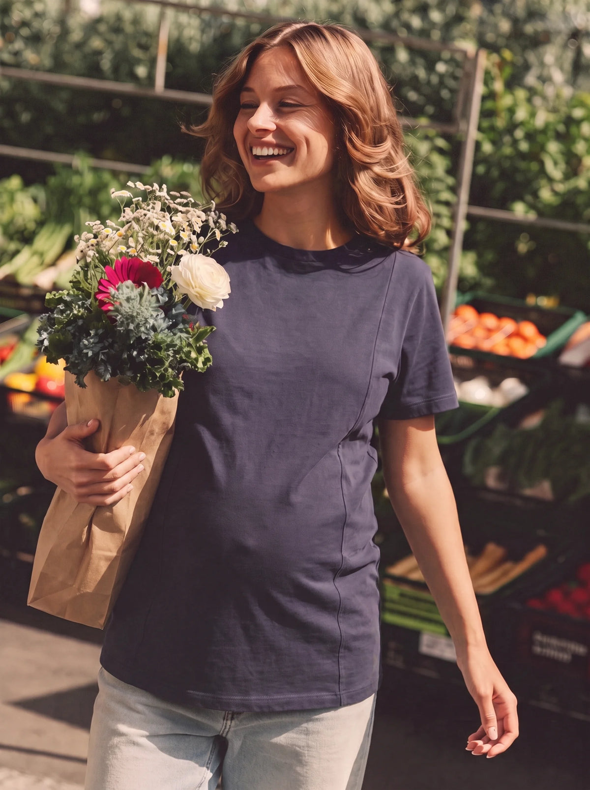 Mom at the market in navy hidden zip tee
