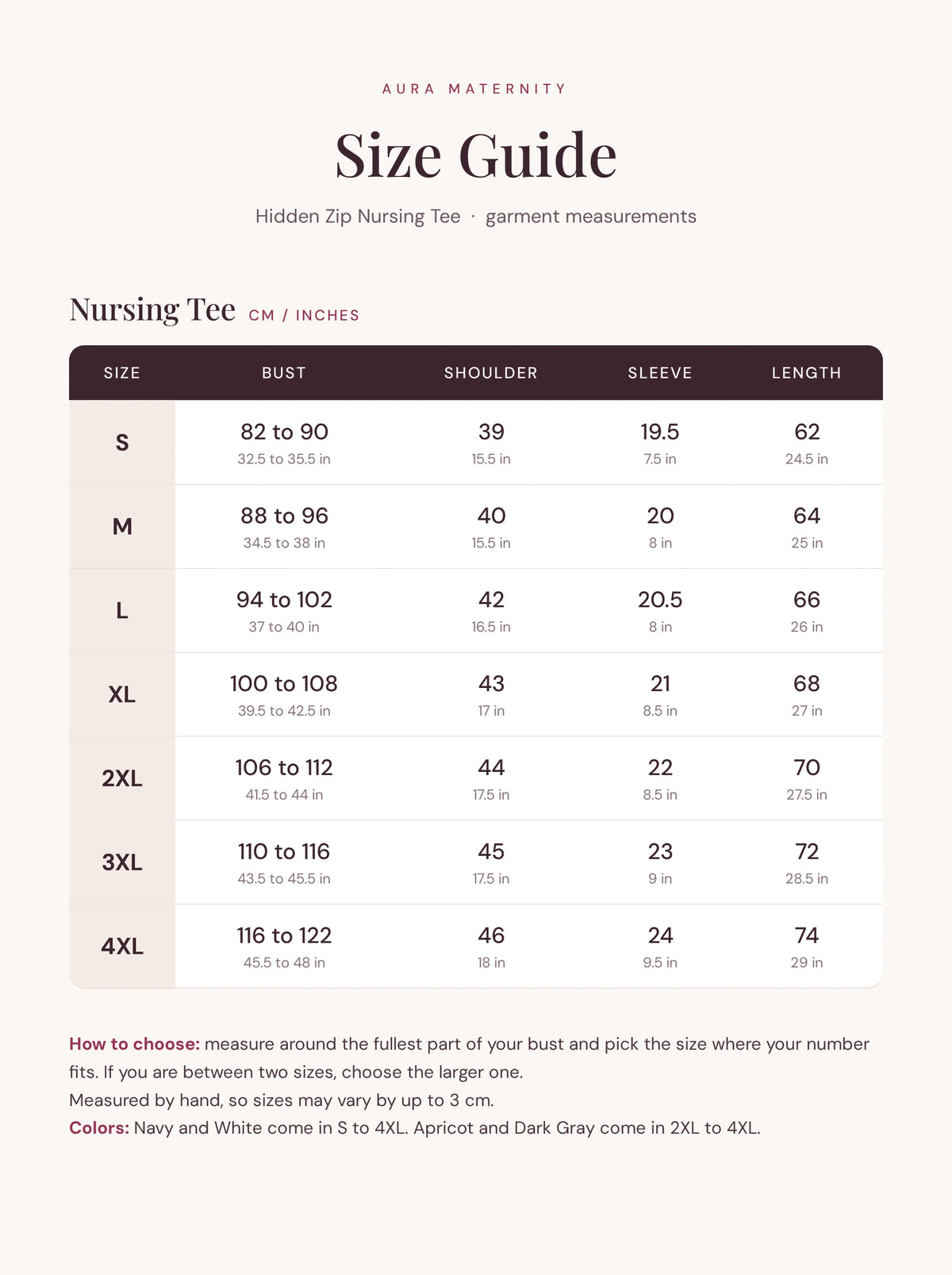 Hidden zip nursing tee size chart S to 4XL