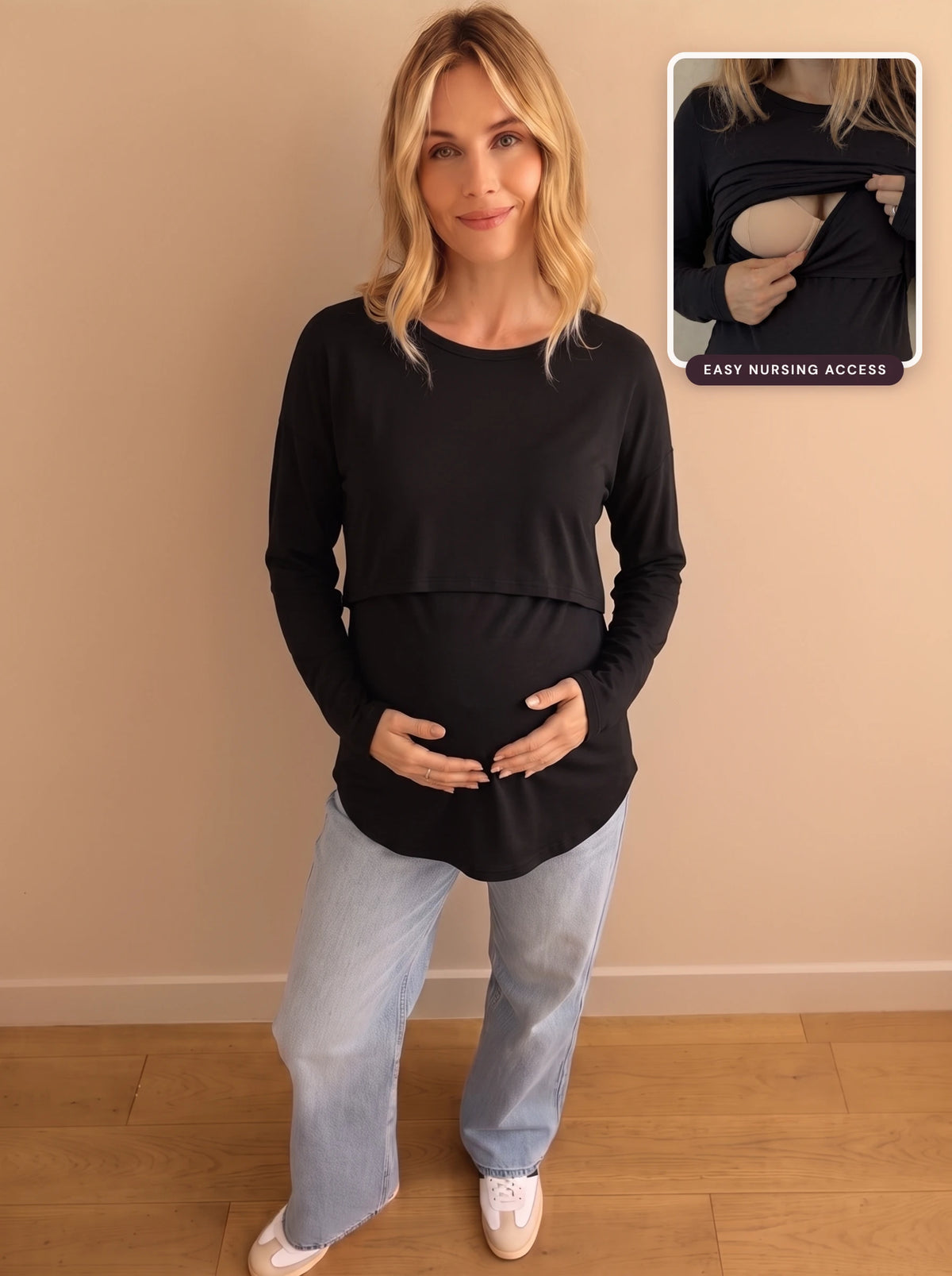 Black long sleeve double layer maternity and nursing top, front view with easy nursing access inset