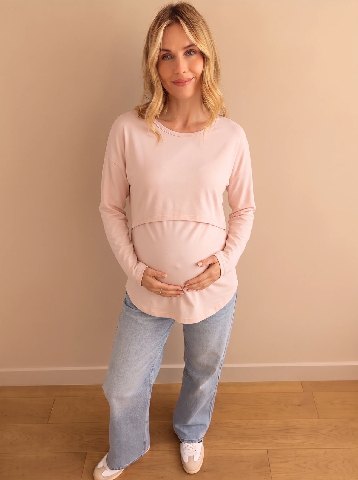 Blush pink long sleeve double layer maternity and nursing top