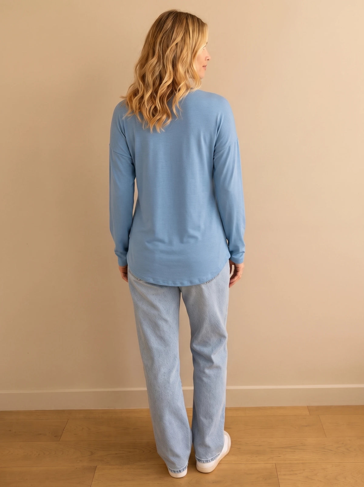 Dusty blue double layer nursing top back view with curved hem