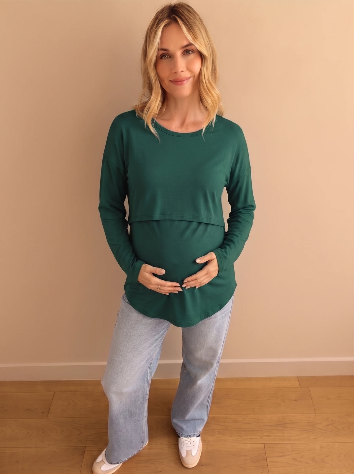 Forest green long sleeve double layer maternity and nursing top
