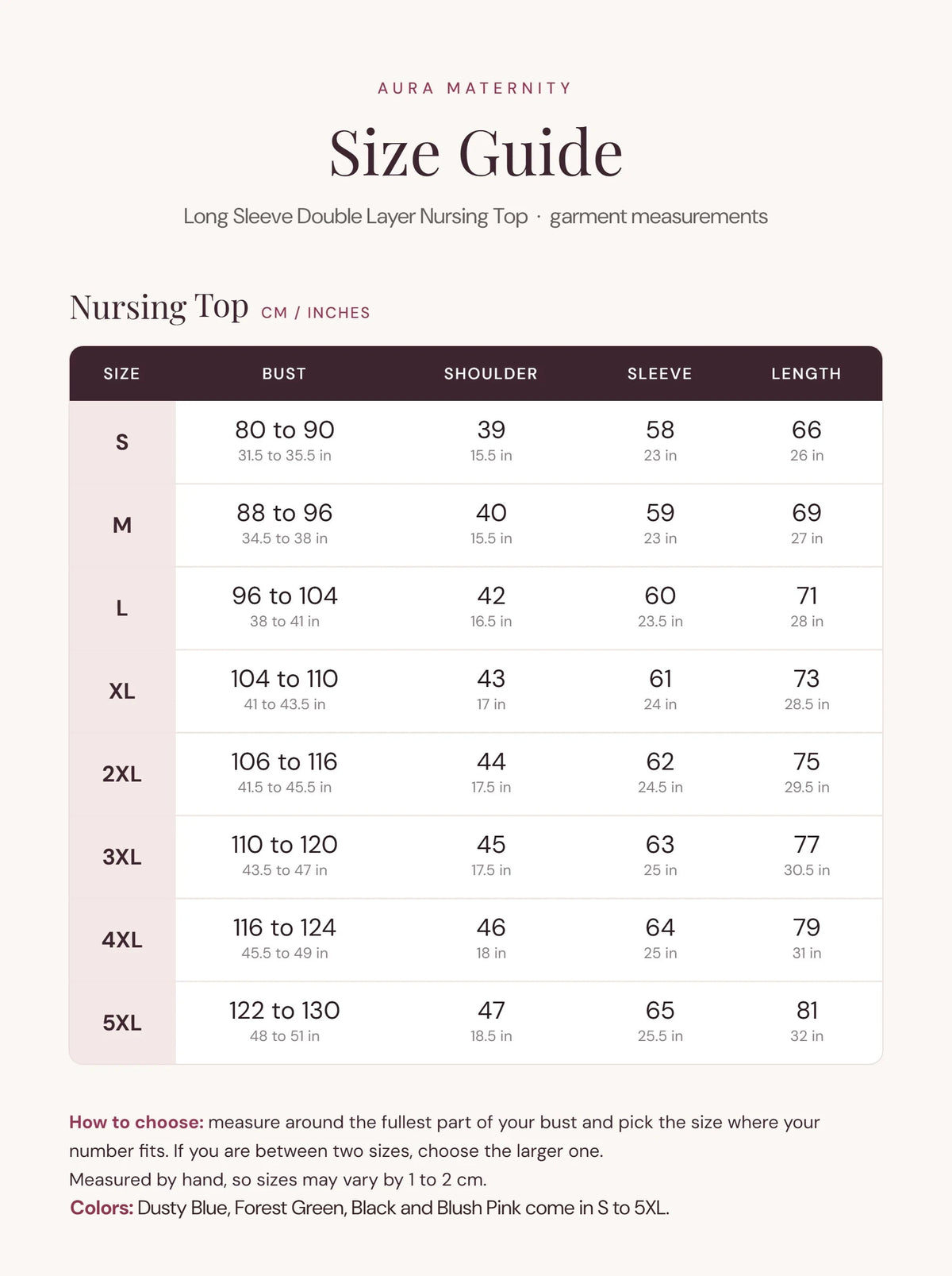 Long sleeve double layer nursing top size chart S to 5XL