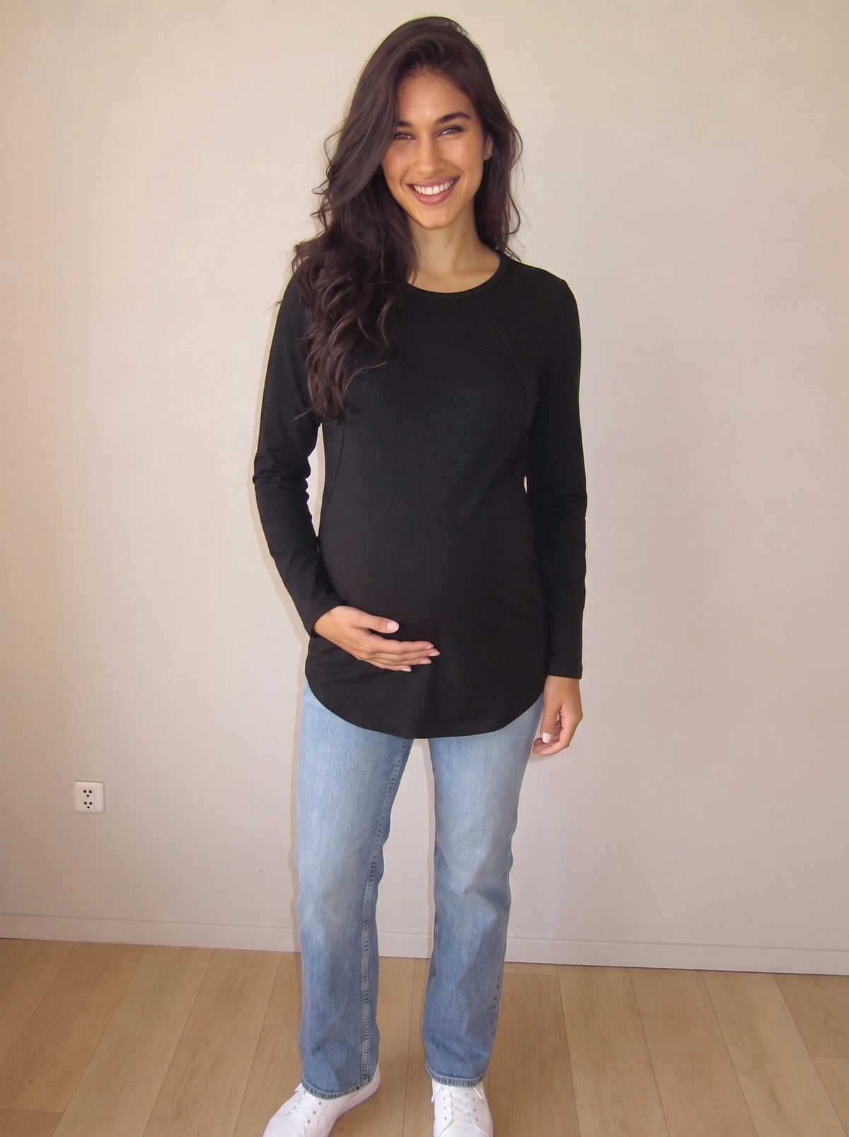 Black long sleeve hidden zip maternity and nursing tee