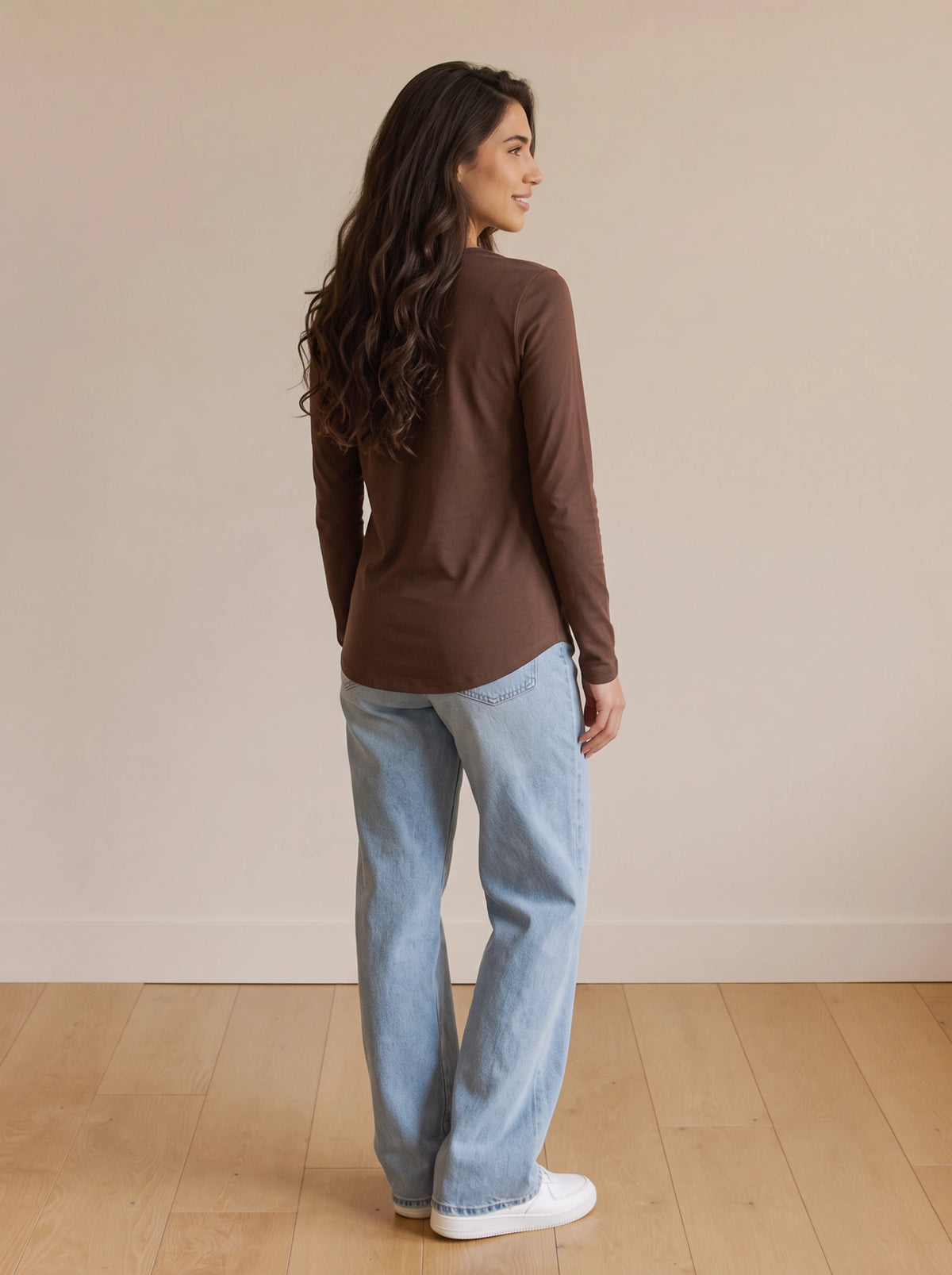 Brown long sleeve nursing tee back view with curved hem