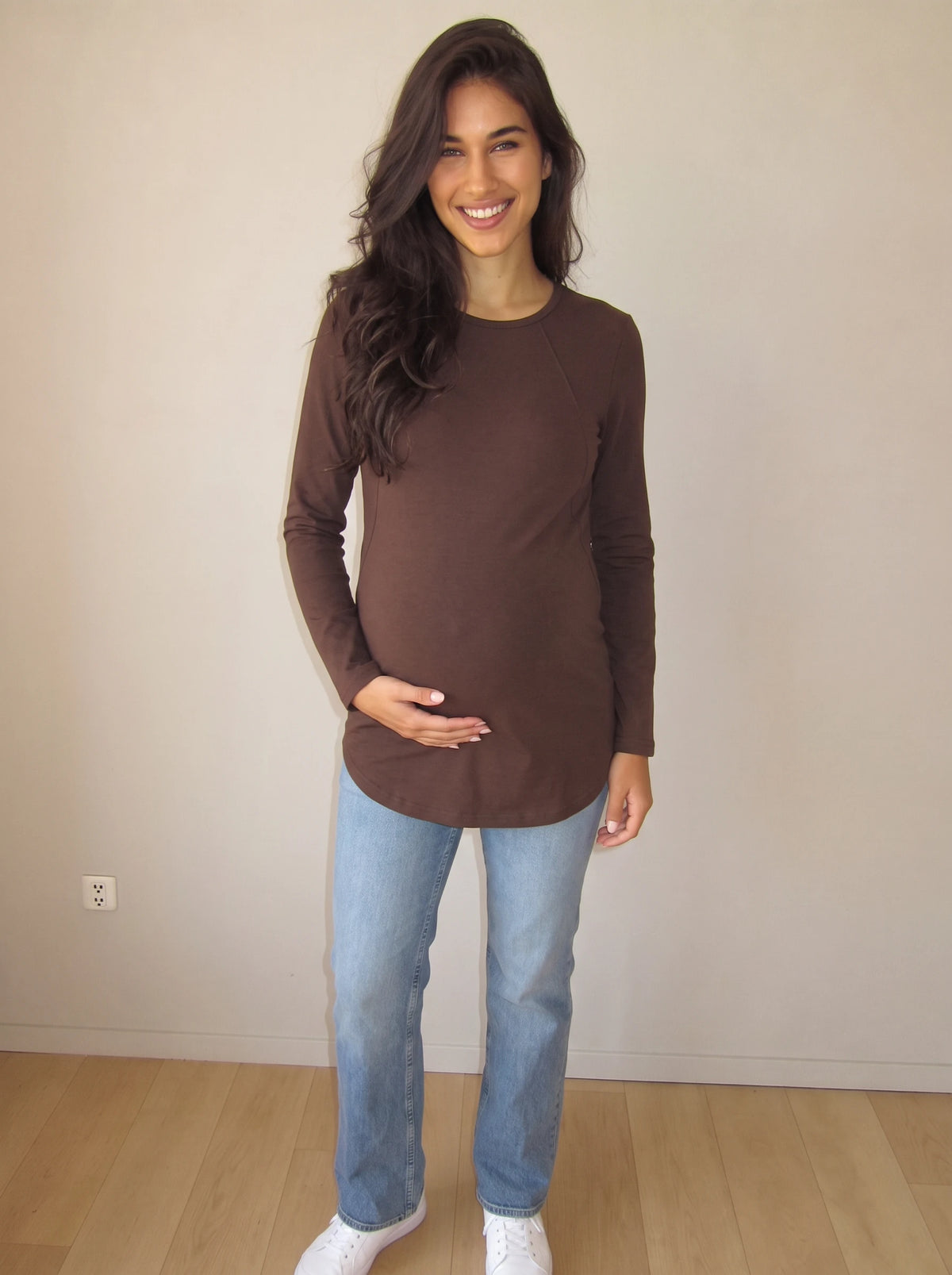 Brown long sleeve hidden zip maternity and nursing tee, front view