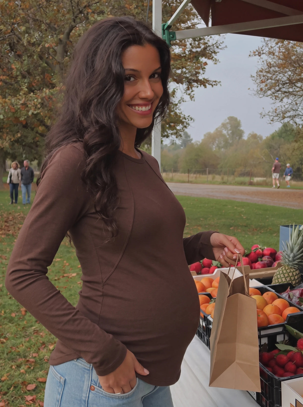 Mom at the market in brown long sleeve nursing tee