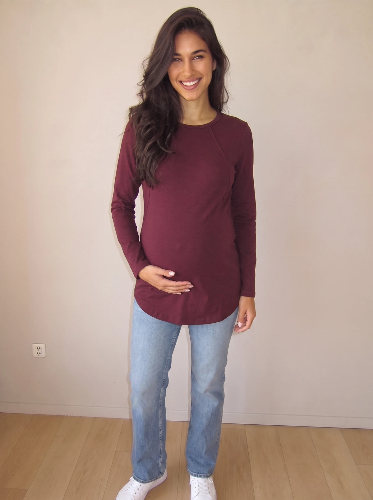 Burgundy long sleeve hidden zip maternity and nursing tee