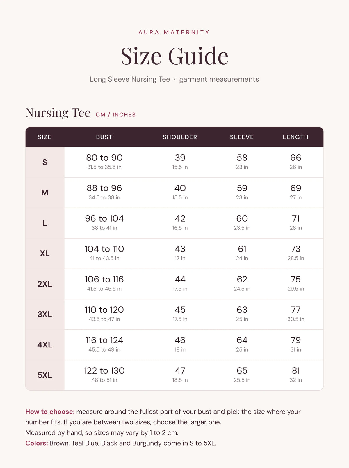 Long sleeve nursing tee size chart S to 5XL