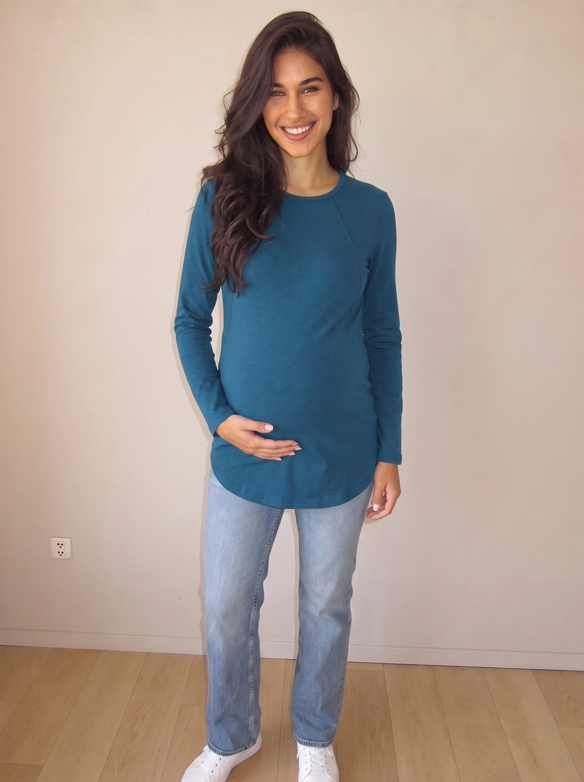 Teal blue long sleeve hidden zip maternity and nursing tee