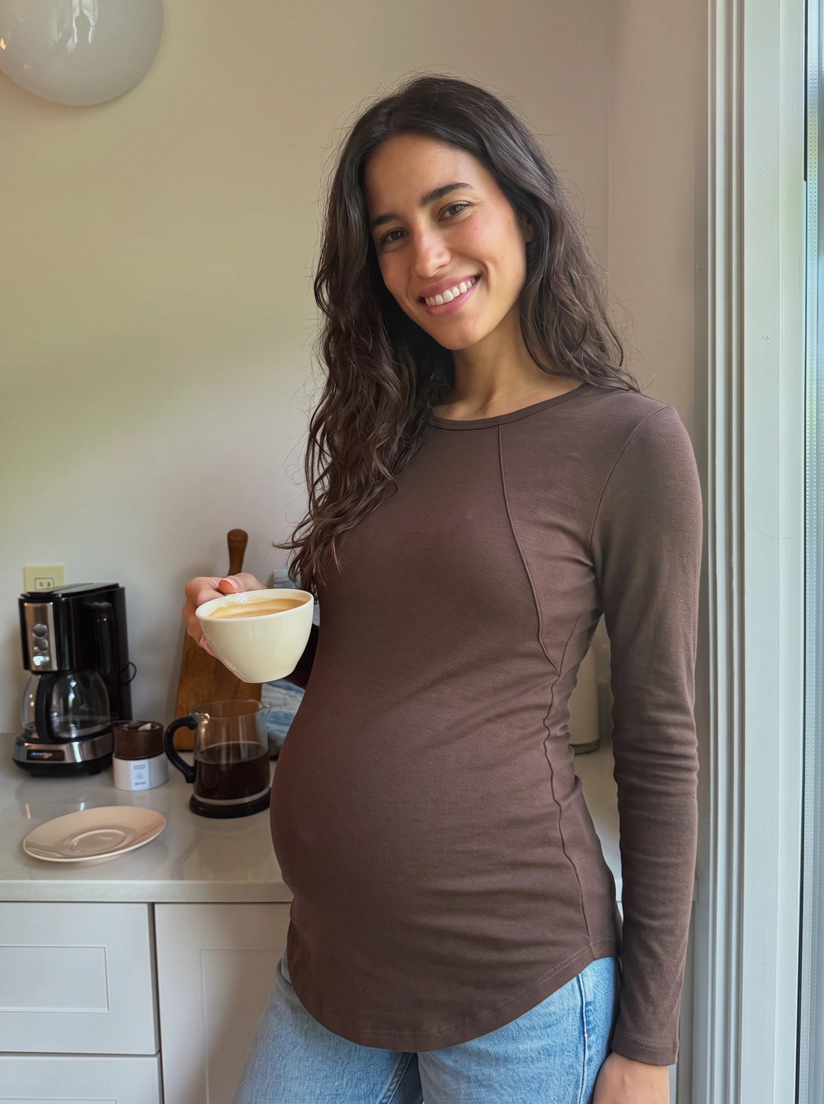 Long sleeve nursing tee styled with jeans