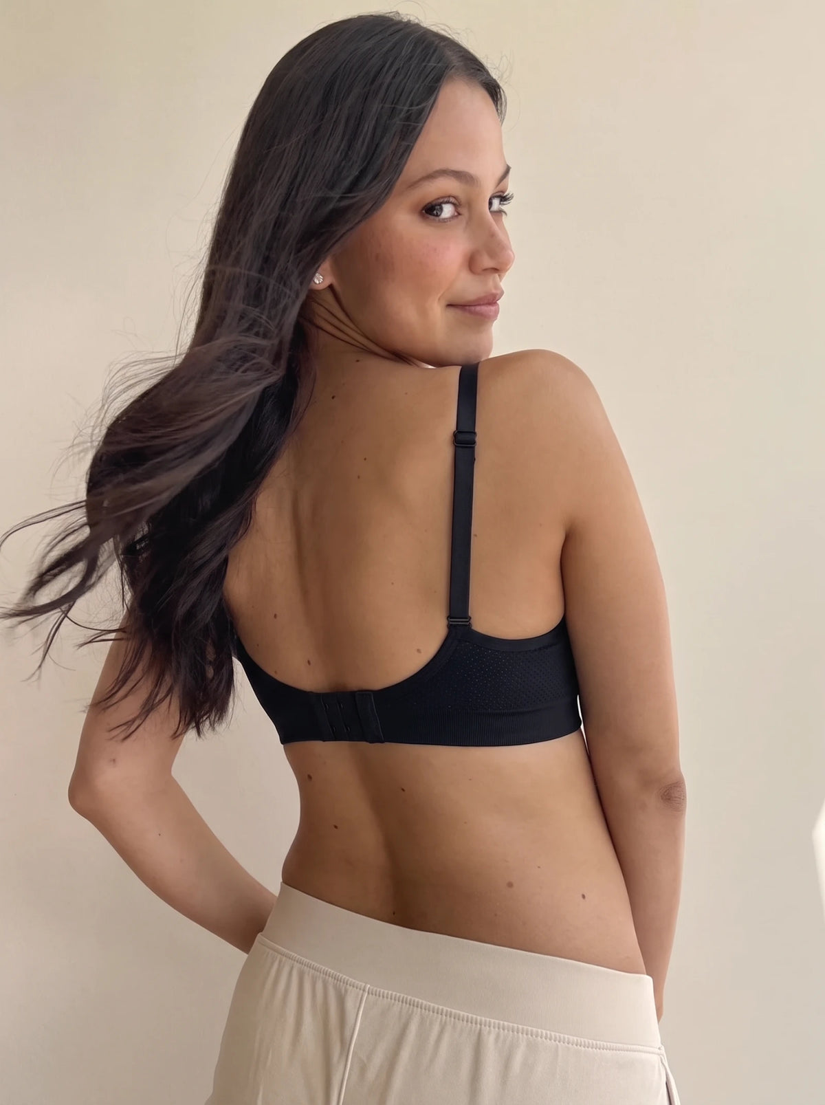 Back view of the AURA nursing bra with hook closure