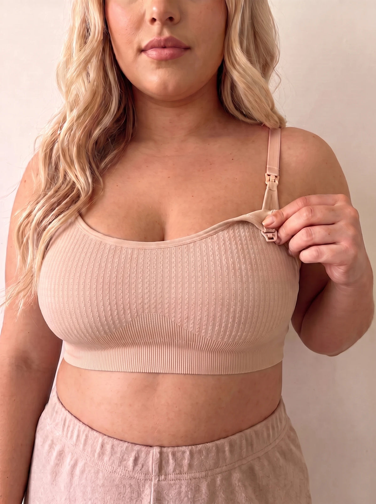 Adjustable strap with nursing clip on the AURA Nursing Bra in Skin