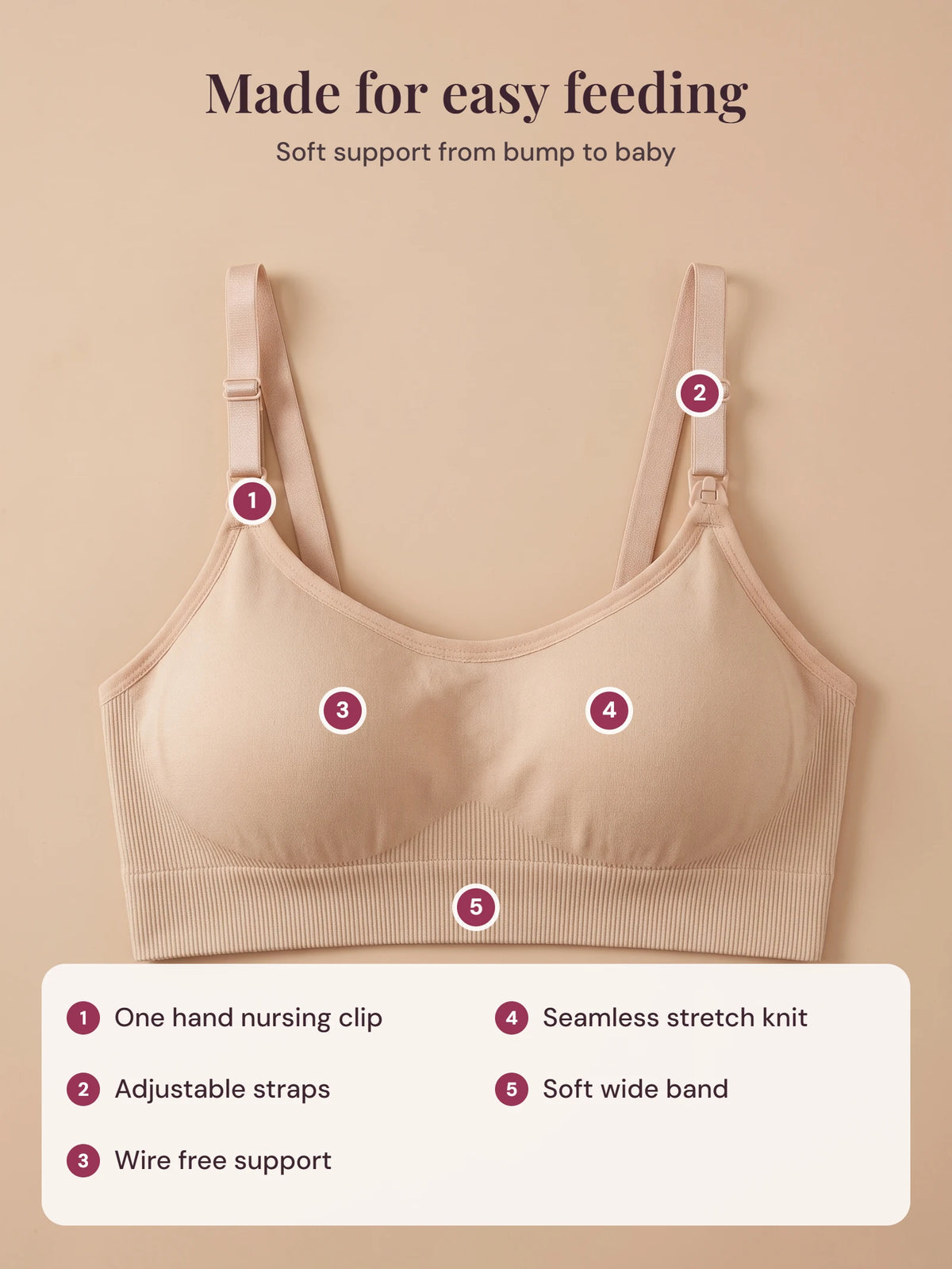 AURA Nursing Bra features: one hand nursing clip, adjustable straps, wire free support, seamless stretch knit, soft wide band