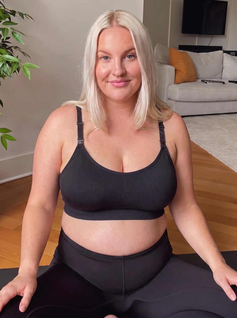 Mom wearing the AURA nursing bra