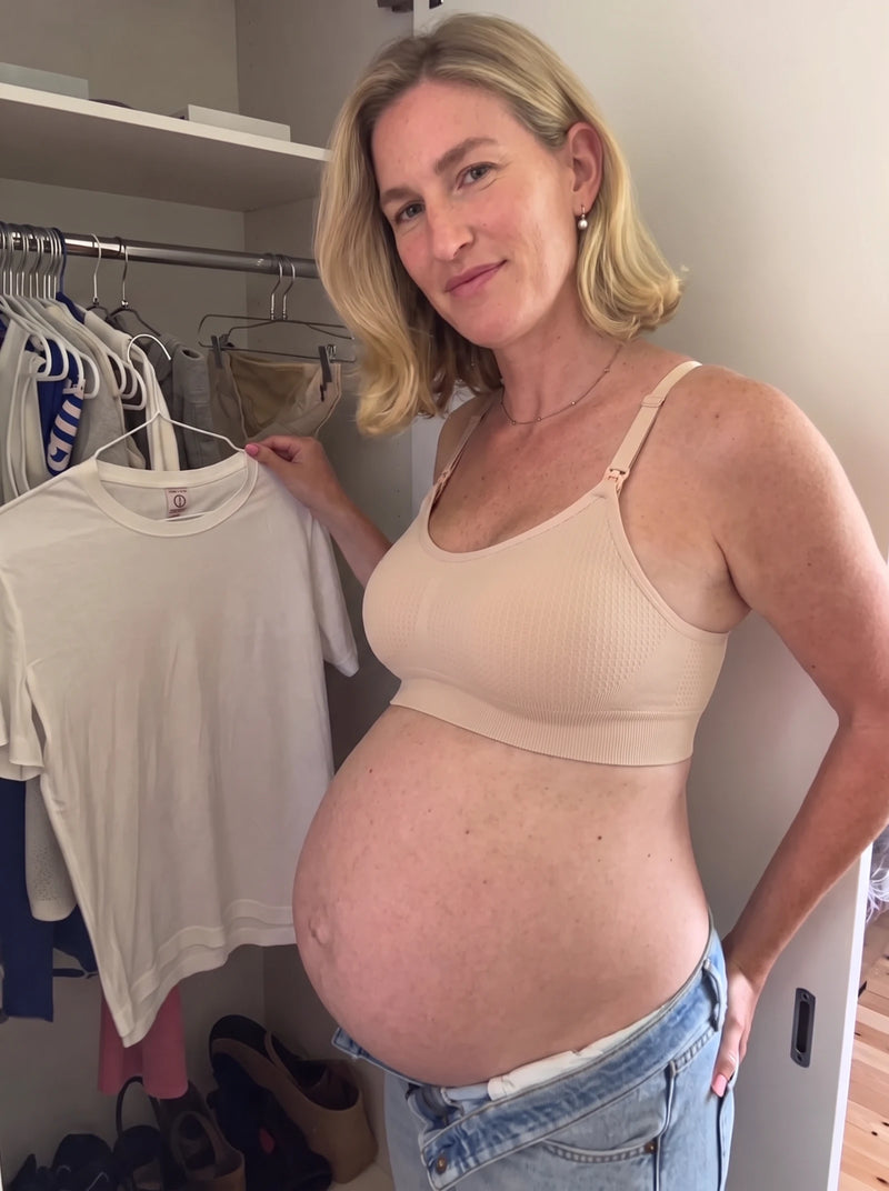 Mom wearing the AURA nursing bra