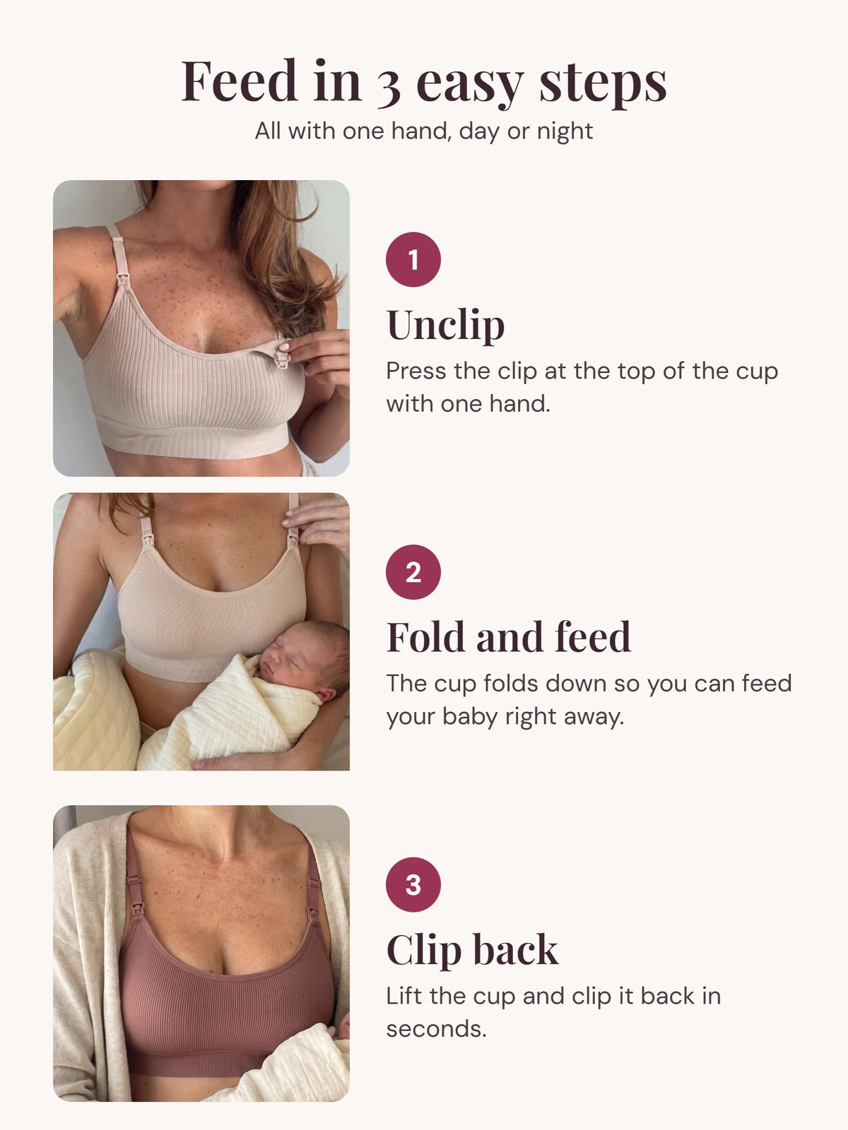 Feed in 3 easy steps with the AURA Nursing Bra