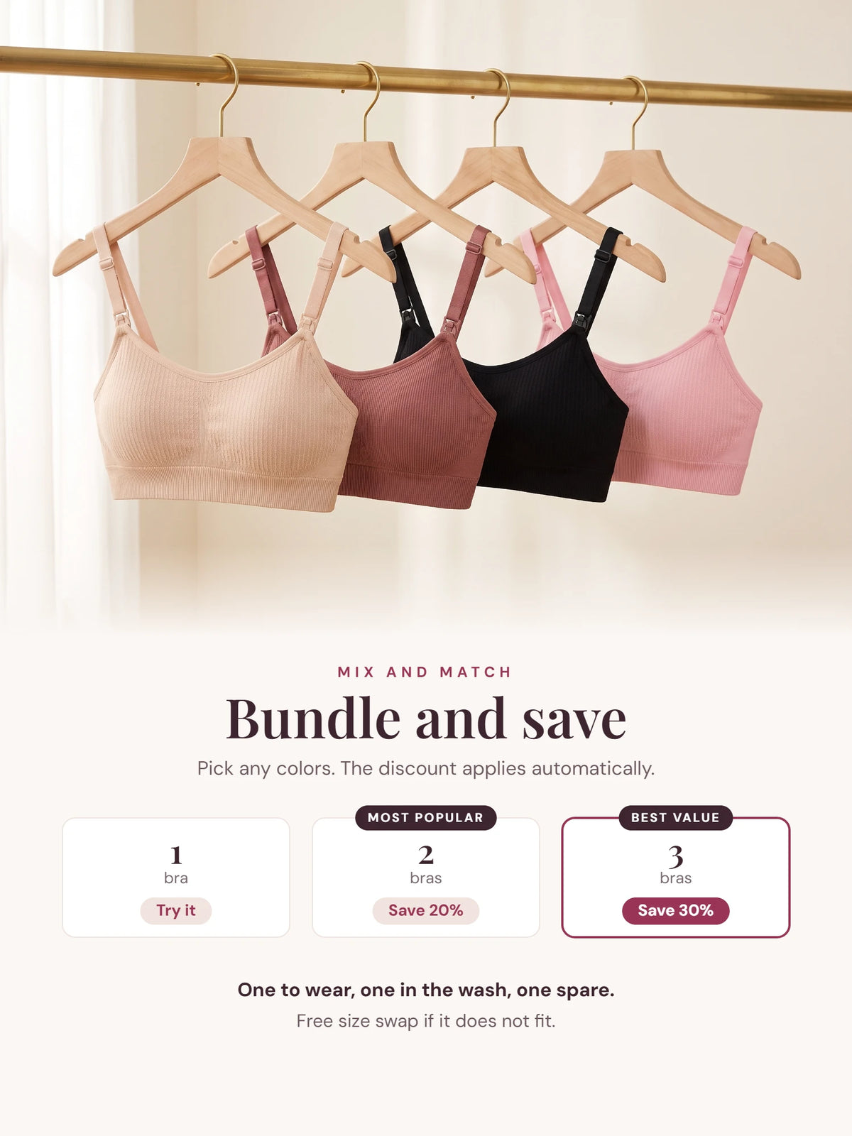 Mix and match bundle offer, 2 bras save 20 percent, 3 bras save 30 percent