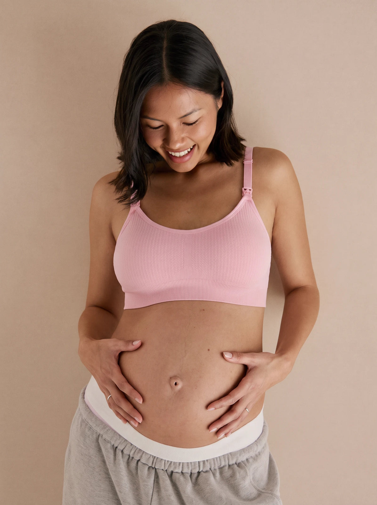 Aura Nursing Bra in Pink on a pregnant mom