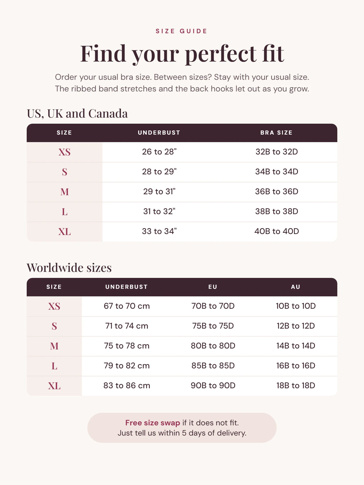 Aura Nursing Bra size guide with US and worldwide sizes, XS to XL
