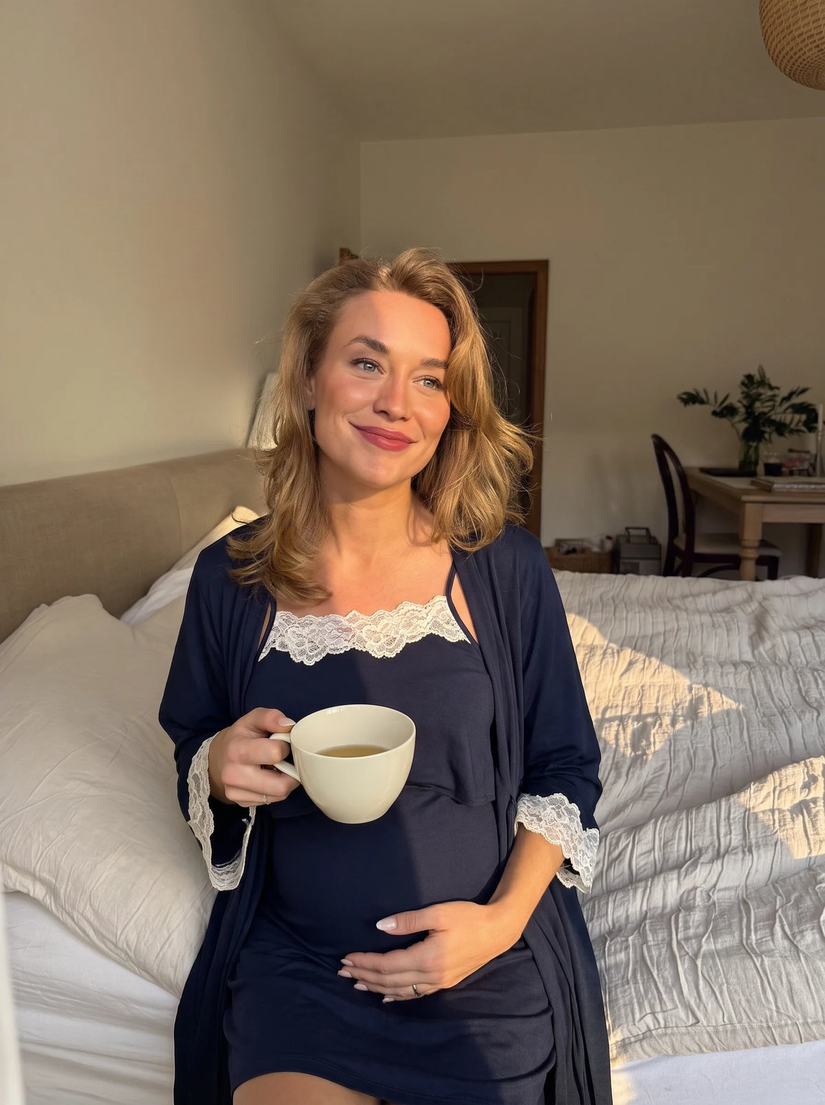 Pregnant mom in the navy nursing nightgown and robe set sitting on her bed with a cup of tea