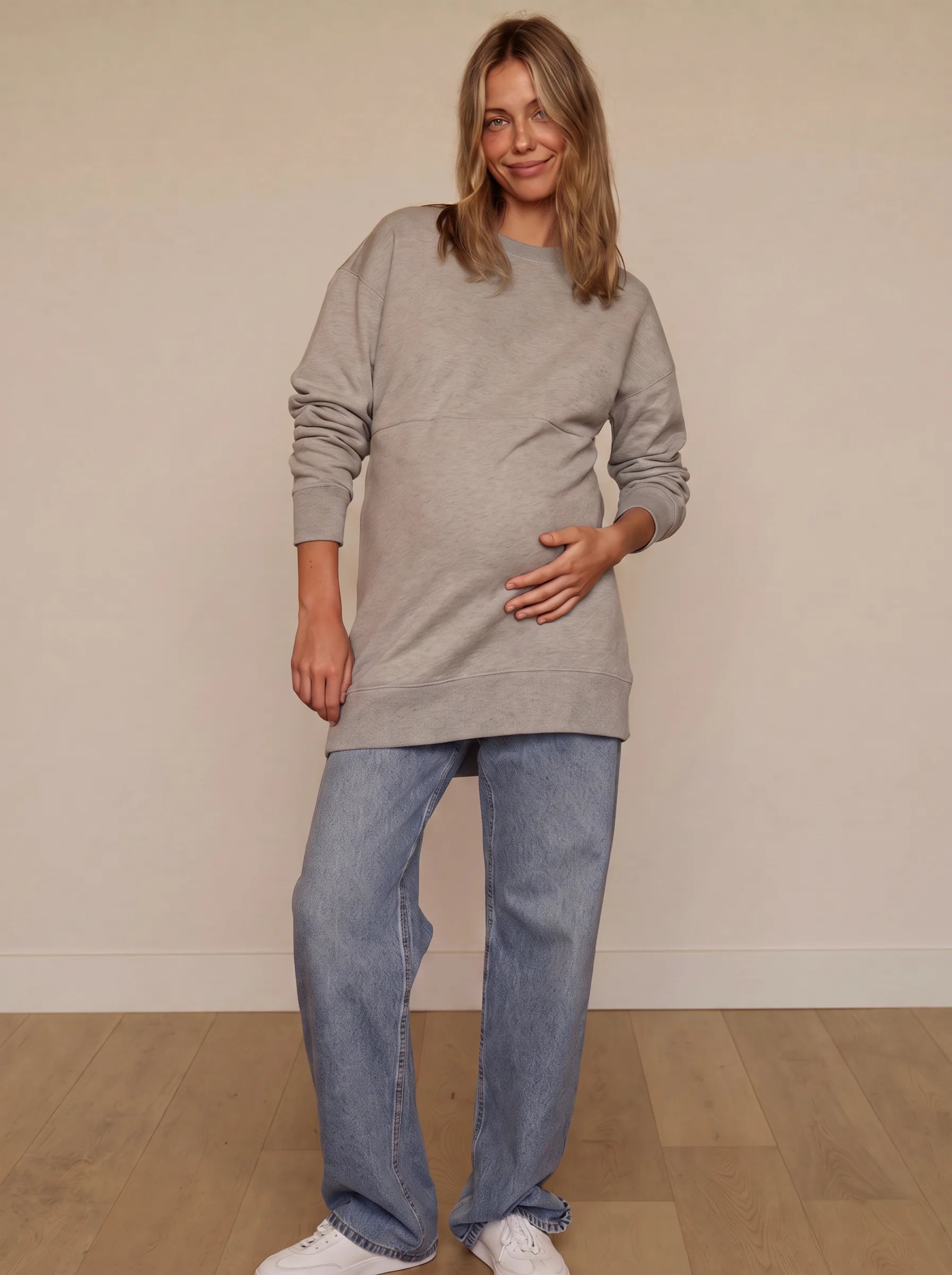 Gray hidden zip maternity and nursing sweatshirt, front view