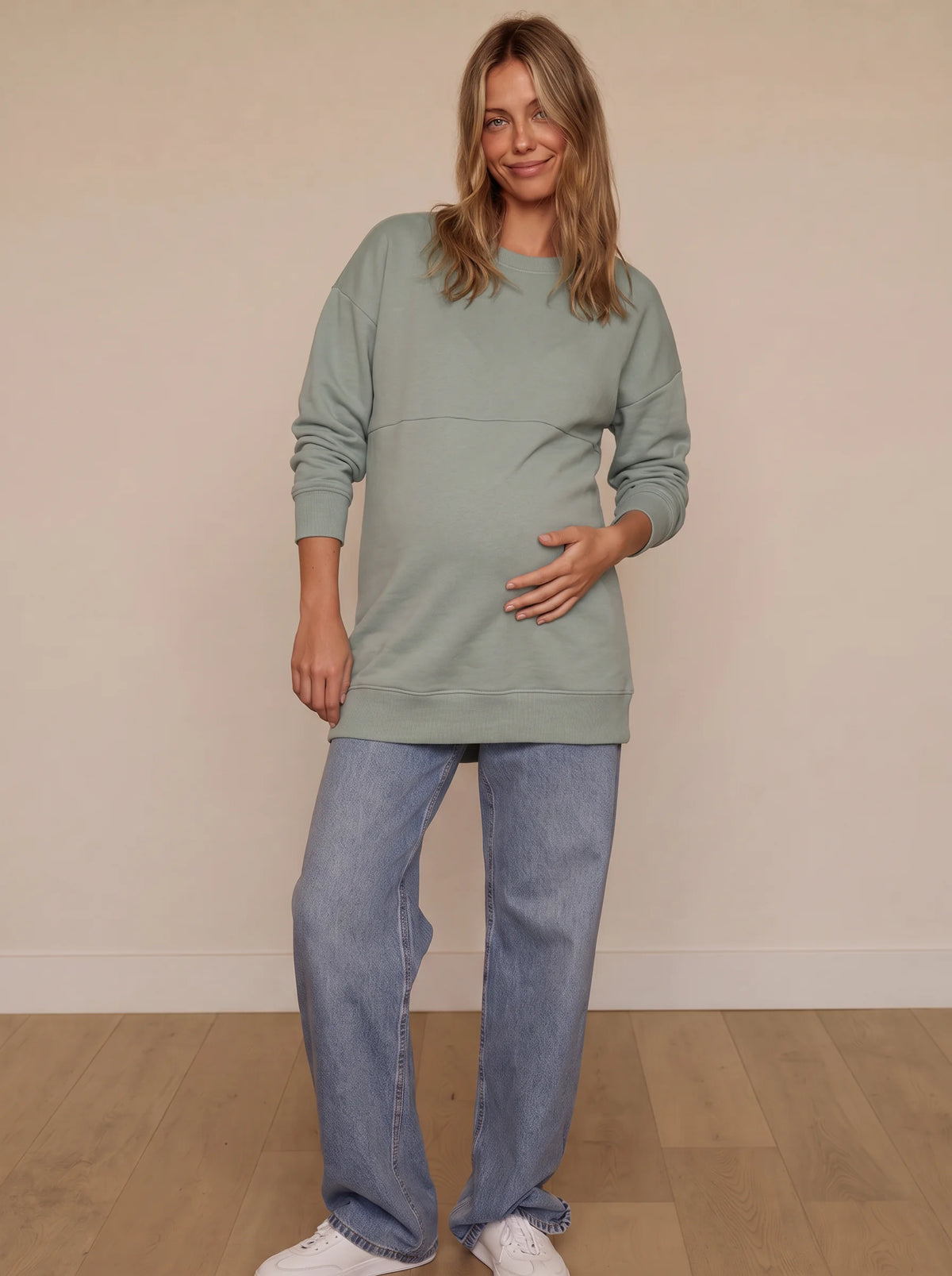 Sage green hidden zip maternity and nursing sweatshirt