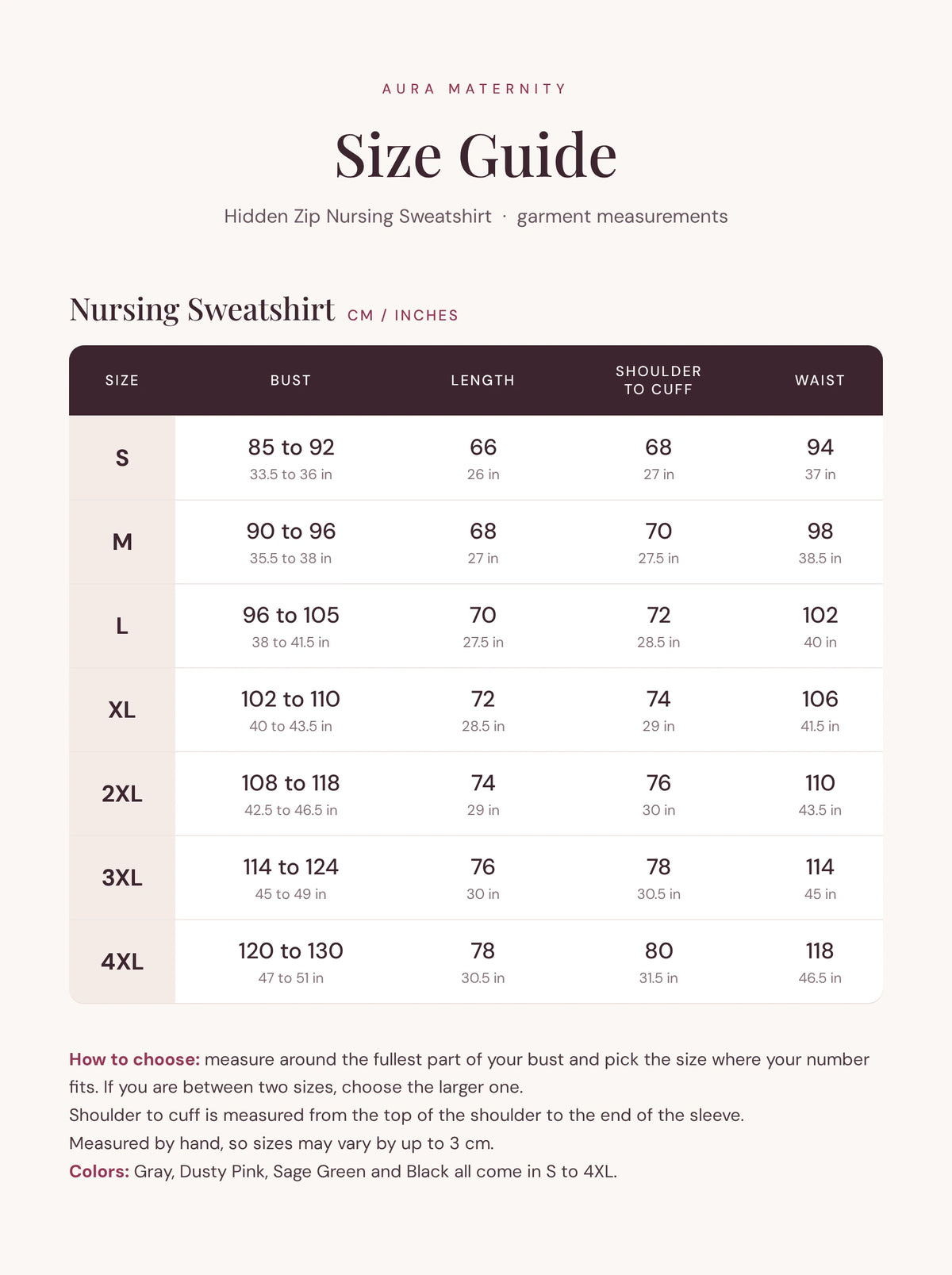 Hidden zip nursing sweatshirt size chart S to 4XL