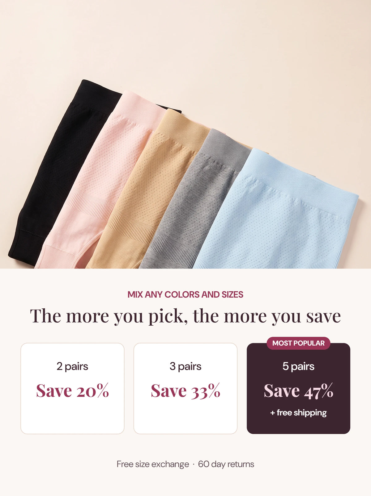 Belly Bliss bundle offer: 2 pairs save 20 percent, 3 pairs save 33 percent, 5 pairs save 47 percent