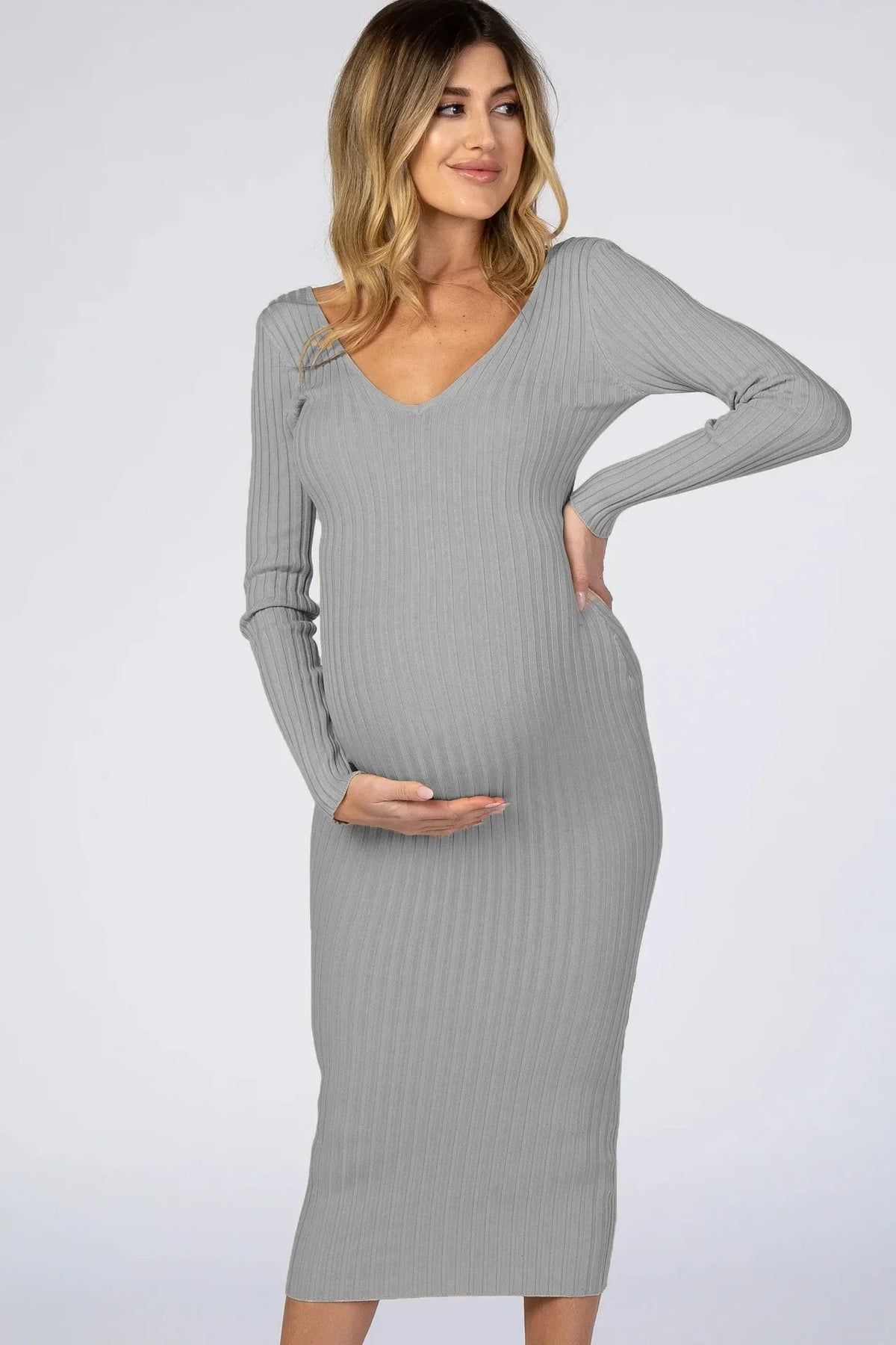 maternity cotton dresses Cozy V-Neck Dress – Aura Maternity ever AMYRA|Long Sleeve Waist Color: Lilac/Purple Color:Skyblue while the knee