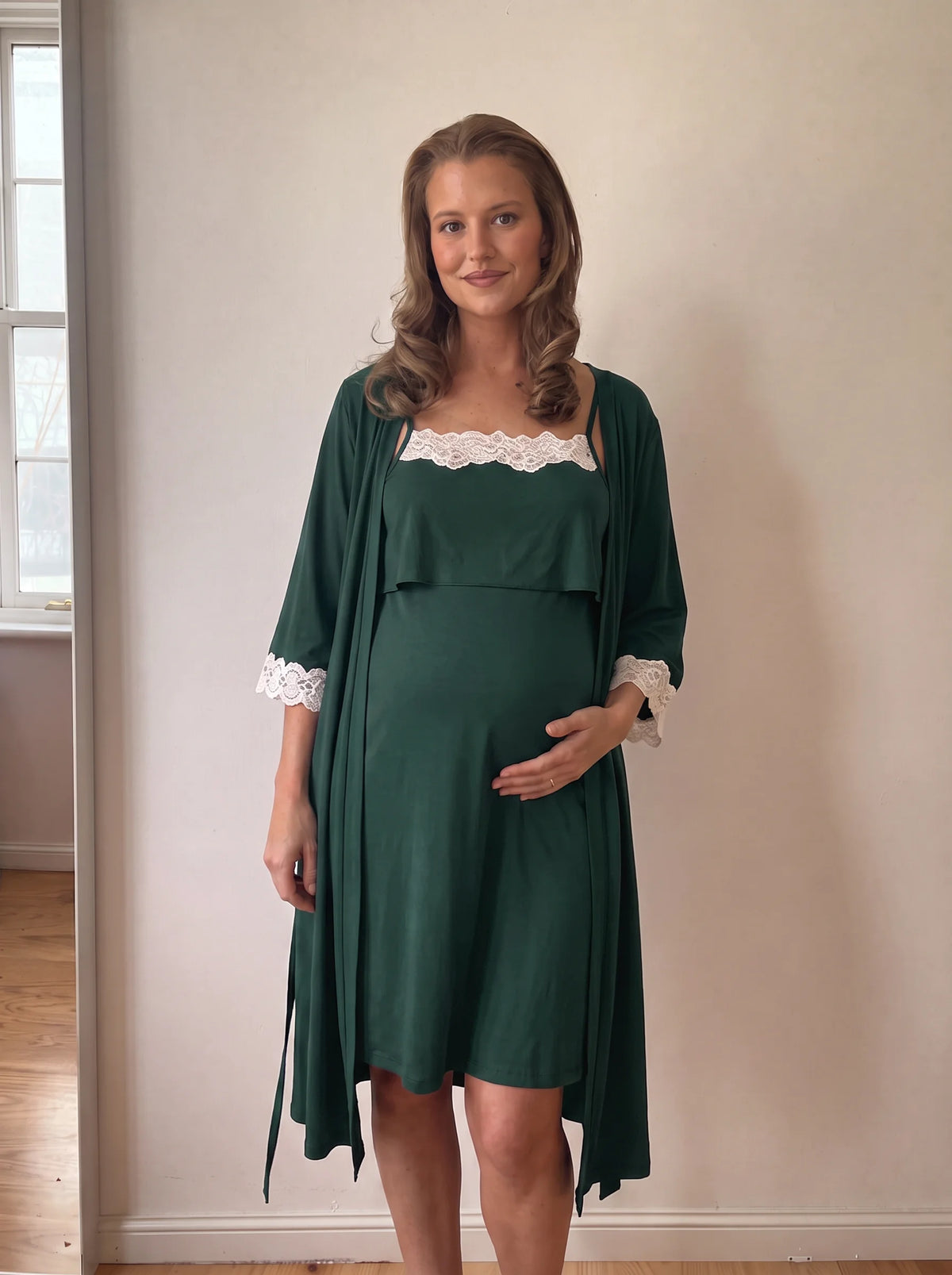 Dark green nursing nightgown and robe set with ivory lace