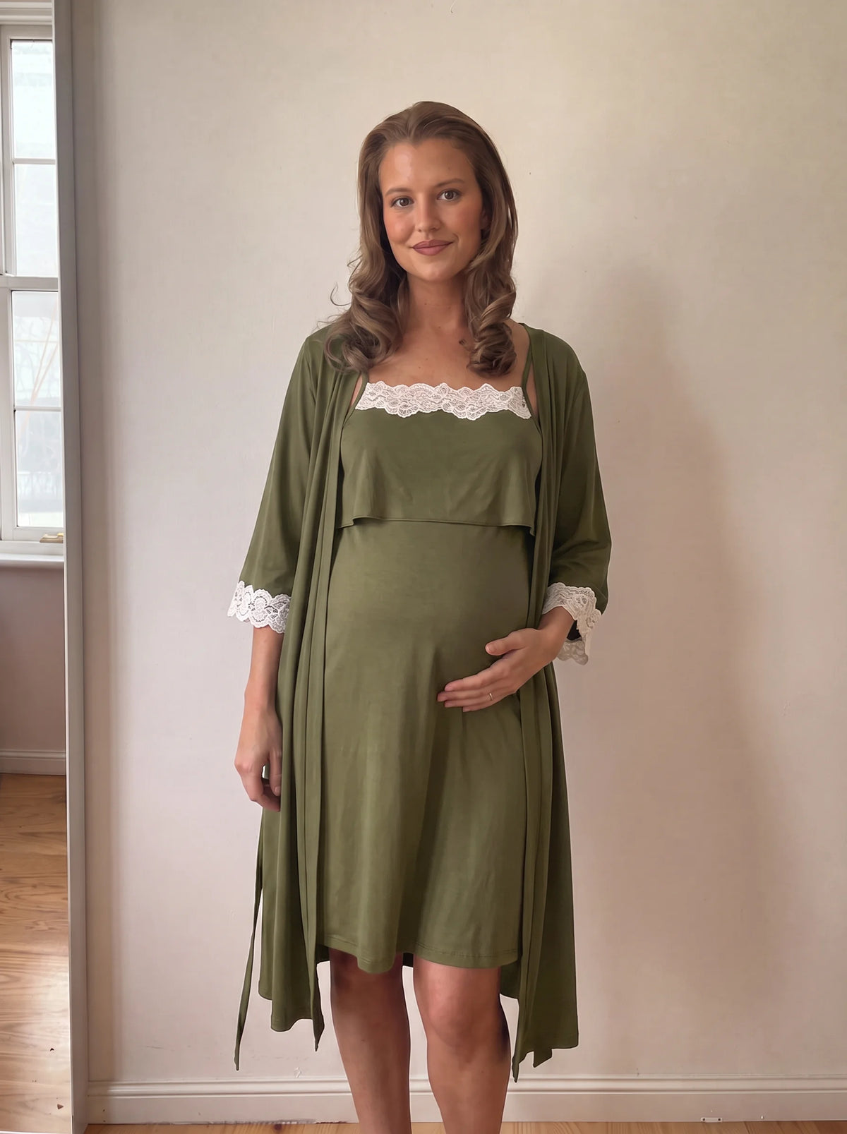 Olive green nursing nightgown and robe set with ivory lace