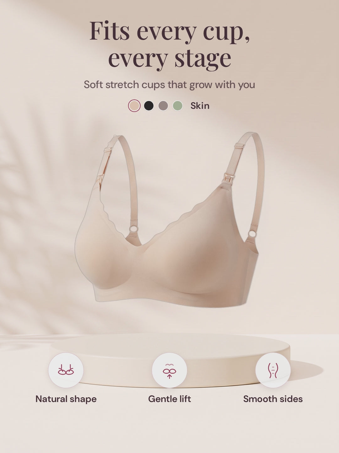 Aura Comfort Bra in Skin, Black, Grey Purple and Light Green, fits every cup, every stage